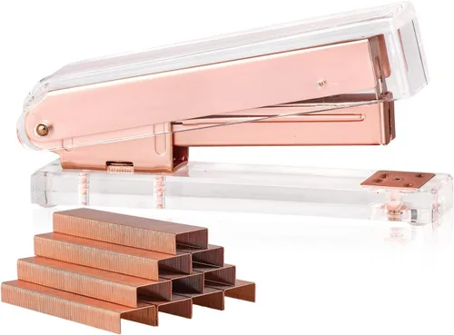 Vista 8 de Elegante grapadora de acrílico ultra transparente para suministros de oficina, grapadora de escritorio dorada mate con 1000 grapas para accesorios