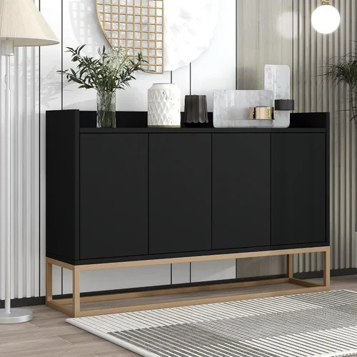 Vista 17 de Aparador moderno de gran espacio de almacenamiento con puerta de ratán artificial, mesa de consola con 4 puertas y estante ajustable, mesa de Blanco
