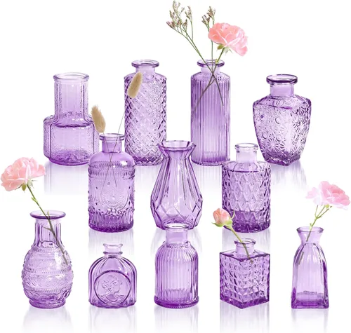 Vista 18 de Juego de 12 jarrones de vidrio ámbar, jarrones de capullo transparentes a granel, mini jarrones para flores, pequeños jarrones de flores