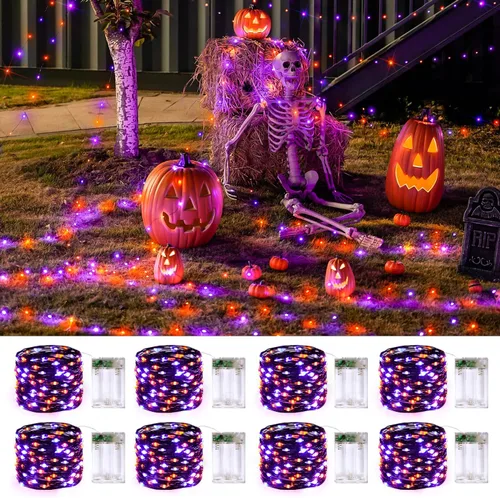 Vista 15 de JMEXSUSS 4 unidades de luces de hadas LED de 50 luces en púrpura y verde, luces de cadena de hadas operadas con batería, luces de 16 pies