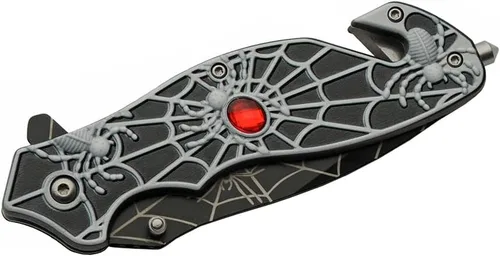 Vista 3 de SZCO Cuchillo plegable de tela de araña de 4.75 pulgadas, cuchillo de bolsillo EDC con mango de aluminio negro con incrustaciones rojas, hoja