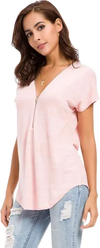 Vista 5 de Lusmay - Camisa de manga corta, con cierre zipper y cuello en V profundo, informal, ajuste holgado, para mujer