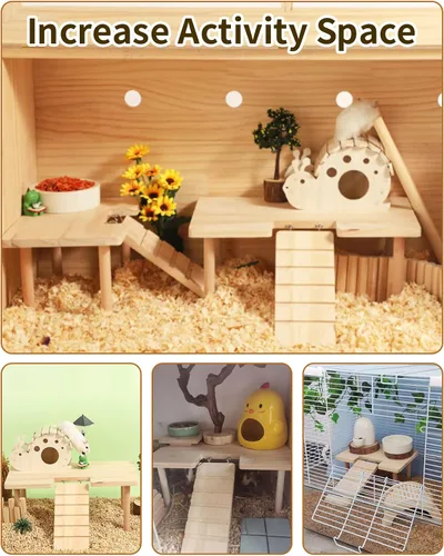 Vista 6 de BNOSDM Plataforma grande de madera para hámster con escalera, plataforma de pie de madera natural para hámsters sirios, conejillos de indias