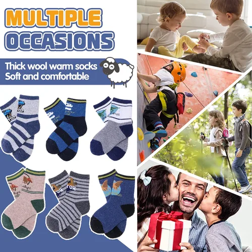 Vista 13 de ANTSANG Calcetines de Lana, Calcetines Térmicos Cálidos y Gruesos Tipo Crew Boot para Niños Pequeños, Niños y Niñas, 6 Pares