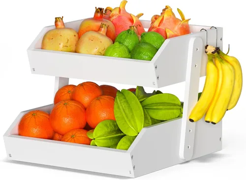 Vista 8 de Gmtsl Cesta de frutas de bambú para cocina, frutero de 2 niveles para encimera de cocina, soporte grande para frutas con 2 ganchos para plátanos