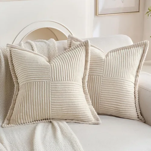 Vista 33 de HAUSSY Paquete de 2 fundas de almohada de 16 x 16 pulgadas, fundas decorativas de pana suave, estilo bohemio, a rayas, sólidas, decoración