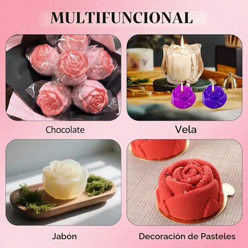 Vista 4 de 2 piezas de molde de rosa de silicona, moldes de jabón antiadherentes, moldes de flores resistentes al calor reutilizables de silicona para hacer