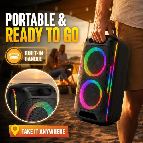 Vista 7 de Altavoz Bluetooth para fiestas, potente sonido estéreo de 180 W, graves profundos, altavoz inalámbrico portátil con modos de sonido EQ, luces LED