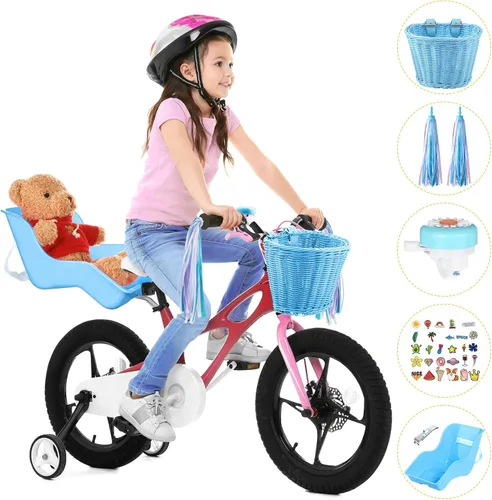 Vista 4 de Aurelema Asiento de bicicleta de muñeca con 30 calcomanías de calcomanías, cesta de bicicleta para niños, manillar de bicicleta, cintas coloridas