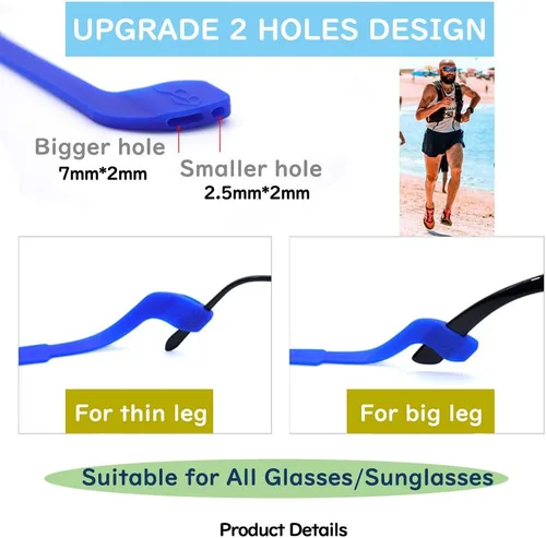 Vista 2 de SAIGO Correa antideslizante de silicona para gafas, retenedores de gafas deportivos, elástico, suave, para hombres y mujeres, 2 unidades, negro, 9.8