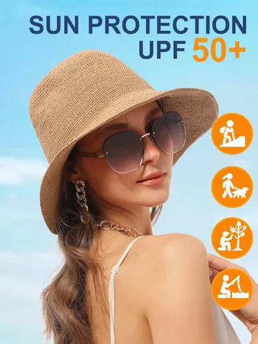 Vista 6 de Sombrero de sol para mujer, hecho a mano, plegable, de paja, sombrero de pescador, gorra de viaje de Caqui