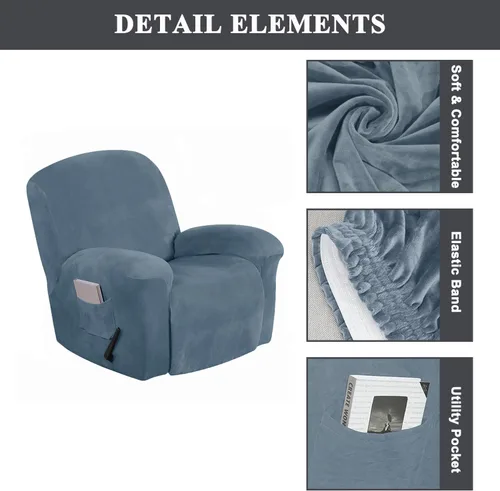Vista 3 de Aedlcal Fundas para silla reclinable, 4 piezas, con bolsillo lateral, de terciopelo suave y elástico, para niños y mascotas, protector de muebles