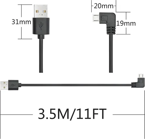 Vista 7 de Cable de alimentación micro USB de 90 grados para cámara de tablero de 11 pies, cable de carga USB en ángulo izquierdo, solo alimentación,