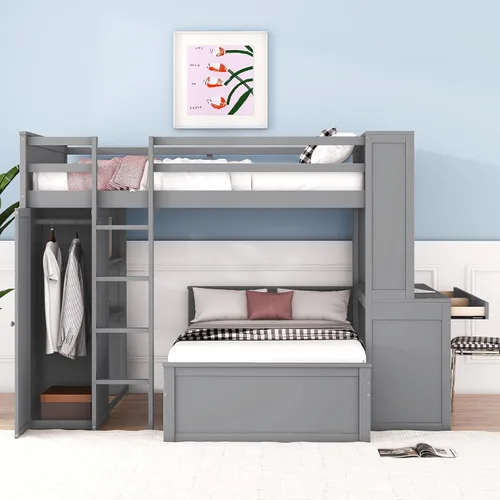 Vista 10 de RUNNA Cama tipo loft moderna de madera con armario y escritorio Cama loft espresso+Gabinete +Escritorio
