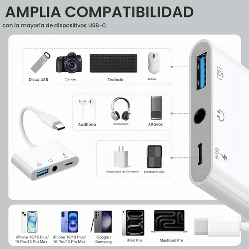Vista 3 de Adaptador de Aux a USB C a USB, Adaptador OTG USB 3-en-1 con Adaptador de Audio USB C a 3.5mm y Puerto de Carga Rápida PD de 60W, Compatible