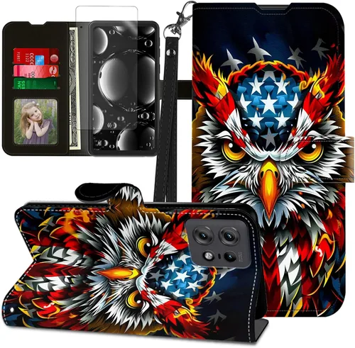 Vista 247 de Funda para Motorola Edge 2022 con protector de pantalla, soporte y tarjetero y correa para la muñeca, funda magnética para Moto Edge 2022 5G UW Lobo
