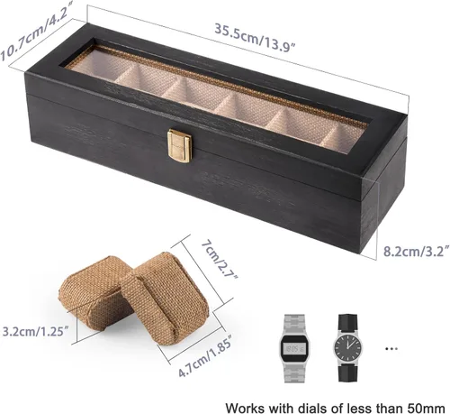 Vista 5 de Alsonerbay Caja de reloj con 6 ranuras para hombres y mujeres, organizador de reloj negro, soporte de almacenamiento de madera con cerradura