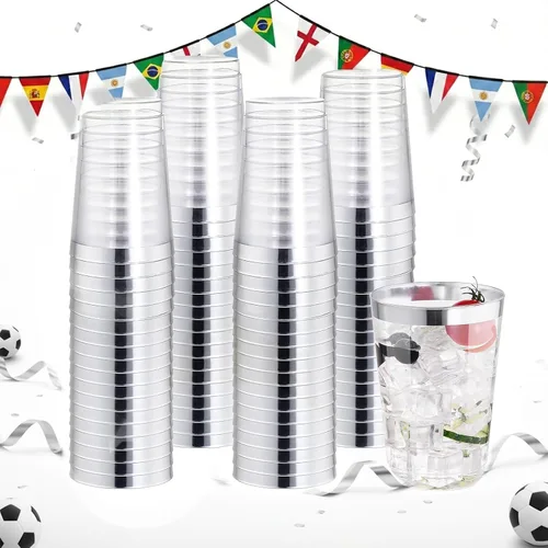 Vista 19 de I00000 Paquete de 100 unidades de vasos de plástico dorado de 12 onzas, vasos desechables con borde dorado, vasos de vino desechables y copas