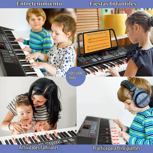 Vista 2 de Vangoa Piano de teclado iluminado de 61 teclas para principiantes, 350 tonos y timbres, 3 modos de enseñanza, con micrófono, negro