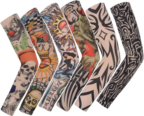 Vista 9 de Falsas mangas temporales de tatuaje resbalón en el brazo protector solar cuerpo arte brazo medias 5 piezas negro