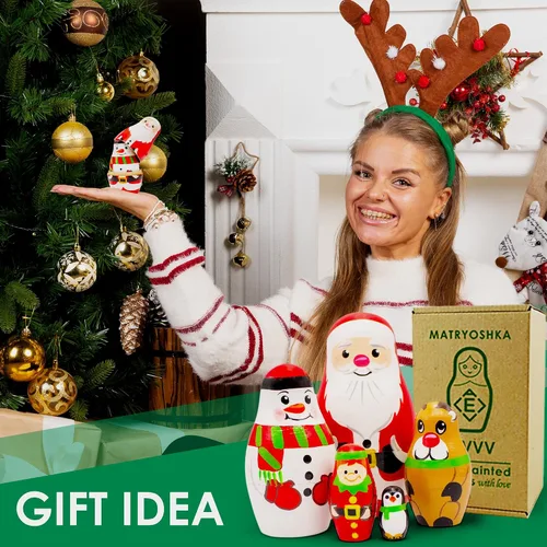 Vista 6 de AEVVV Muñecas de anidación rusas de Navidad, 5 piezas, muñeca rusa decoraciones de Navidad, Papá Noel, muñeco de nieve, ciervo, elfo, pingüino