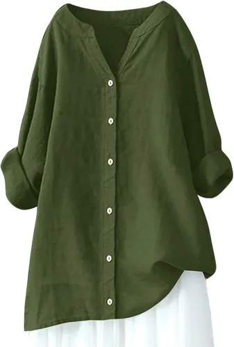 Vista 3 de Camisas de algodón y lino con botones para mujer, cuello en V, manga larga, blusas elegantes y casuales