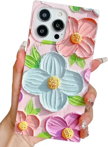 Vista 10 de Funda compatible con iPhone 14 Pro con borde rectangular, bonita funda protectora de lujo con pintura al óleo y flores para mujeres y niñas, funda