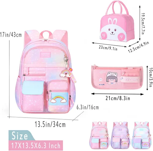 Vista 3 de Mochila kawaii, mochila rosa para niñas, mochila con diseño de arco iris estrellado para niños, bonita mochila para niños, mochila estética, azul
