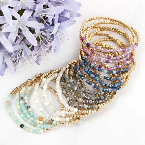 Vista 6 de RIAH FASHION Delicadas pulseras bohemias con cuentas multicapa versátiles, apilables y elásticas, de cristal brillante, piedra natural, dije de borla