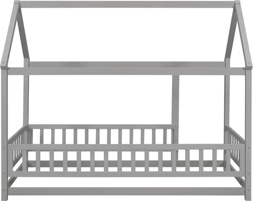 Vista 8 de Cama individual de madera con barandilla de valla para niños y niñas, tienda de campaña con toldo con techo (gris)