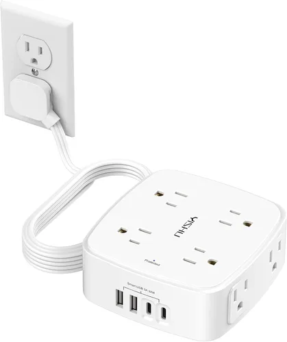 Vista 15 de Regleta de protección contra sobretensiones de 5 pies, 8 tomas amplias con 4 puertos USB, extensor de salida de 3 lados con cable de extensión de 5
