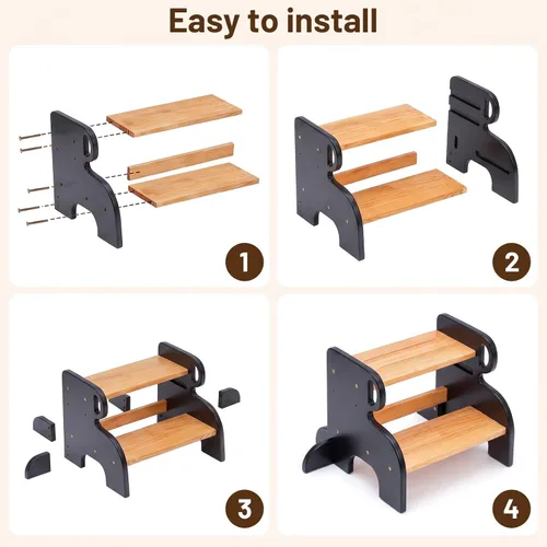 Vista 8 de COSYLAND Taburete de madera de 2 escalones para niños, baño y cocina Negro y natural