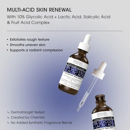 Vista 2 de Advanced Clinicals - Suero exfoliante con ácido glicólico al 10% para la cara + ácido láctico Exfoliante facial AHA + suero de ácido salicílico