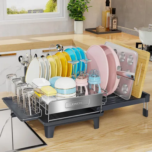 Vista 8 de Escurridor de platos expandible para encimera de cocina, acero inoxidable 304, placa retráctil abatible, ajustable multidireccional, estante