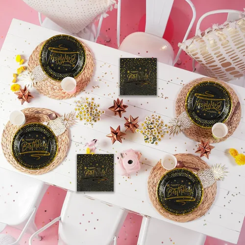 Vista 5 de 72 PIEZAS Platos y Servilletas de Feliz Cumpleaños Suministros para Fiestas, Platos y Servilletas de Papel con Puntos Negros y Dorados con Tenedores