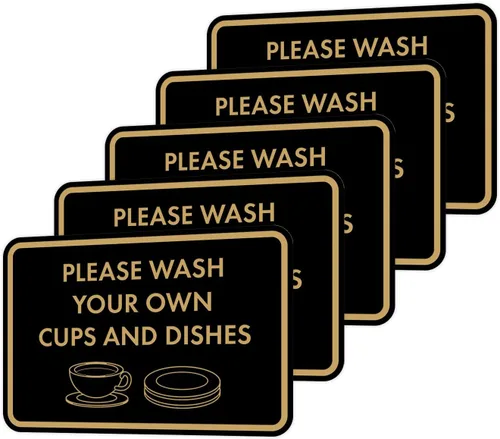 Vista 64 de Letrero clásico enmarcado con texto en inglés «Please Wash Your Own Cups and Dishes» (negro)