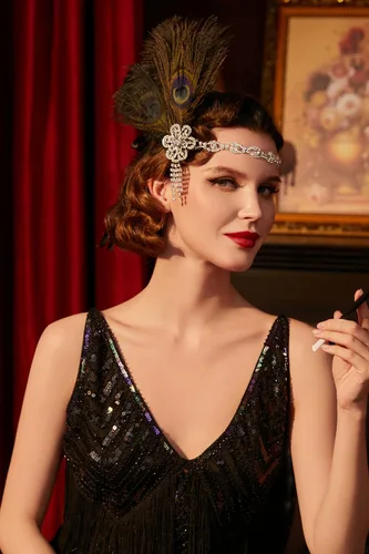 Vista 9 de BABEYOND Diadema de plumas estilo flapper de los años 20, tocado de gran Gatsby de los años 20