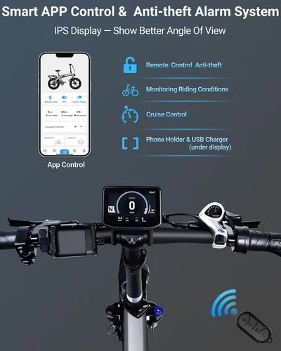 Vista 4 de Bicicleta eléctrica para adultos de 12001400 W de pico, 3028 MPH 60 millas, batería de 720 WH 20 x 4.0 neumáticos gruesos plegables para adultos
