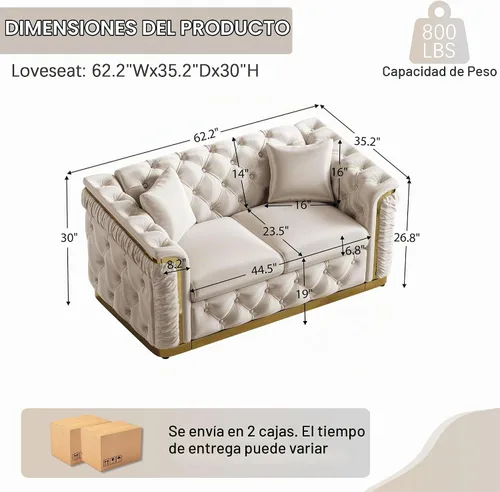 Vista 2 de Sofá de dos plazas Chesterfield de terciopelo de 62.2 pulgadas, sofá de lujo blanco y dorado, beige Gris
