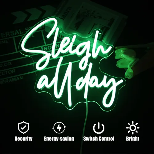 Vista 3 de Sleigh All Day - Letrero de luces de neón de Navidad, letras verdes, luces de neón LED para pared, palabras de Navidad, letrero luminoso de neón