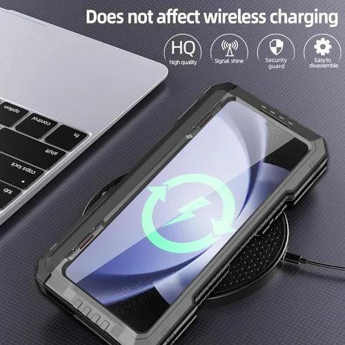 Vista 4 de Funda de metal para Samsung Galaxy Z Fold 5 con soporte para bolígrafo Fold5 S, resistente funda protectora de pantalla Z Fold 5, protector de Negro