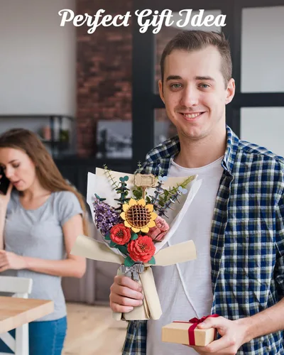 Vista 4 de Rowood Rompecabezas 3D para adultos, juego de construcción de ramo de flores de madera, colección botánica de flores artificiales, día de la madre