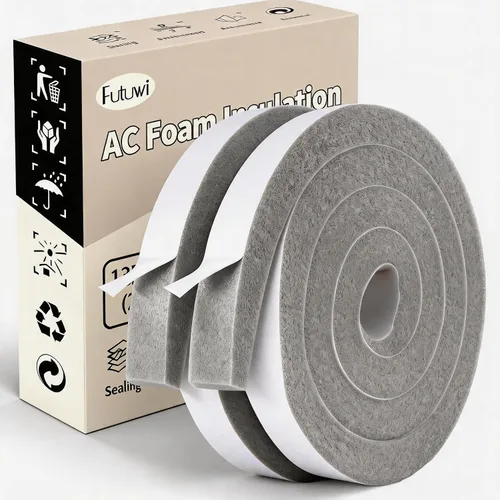 Vista 13 de Espuma de aire acondicionado, 2 rollos, 1 pulgada de ancho x 1 pulgada de grosor, total de 13 pies de largo, tiras de espuma con adhesivo para Negro