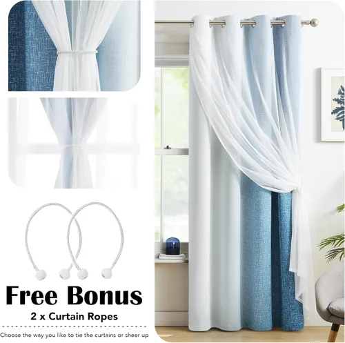 Vista 6 de Cortinas 100% opacas con superposición de gasa Mix and Match de doble capa, 54 pulgadas de largo, 2 paneles para dormitorio y sala de estar, azul