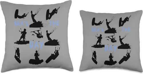 Vista 3 de Kitesurf Gifts and Surf Lover Tees by taiche Kitesurfer Silhouette Pattern with Seas The Day Quote 1 Throw Pillow, 16x16, Multicolor