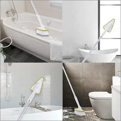 Vista 3 de CQT Cepillo de limpieza de baño 2 en 1 con mango largo extensible de 48 pulgadas, cepillo desmontable con 2 cabezales de limpieza y 2 cabezales