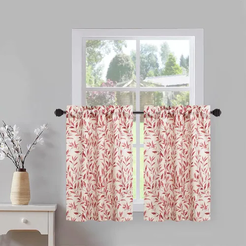 Vista 24 de VOGOL Cortinas con estampado de pájaros campestres, 30 x 24 pulgadas, 2 paneles, beige Linen Look Texture, Decorative Small Window Treatment