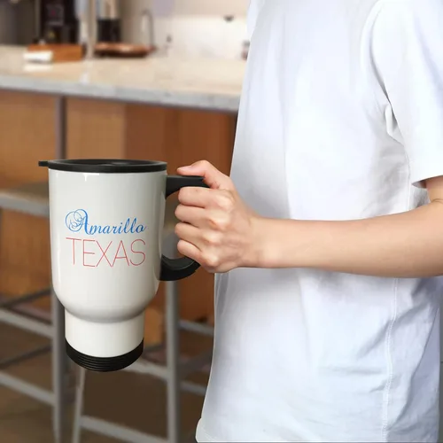 Vista 2 de 3dRose Amarillo, Texas, red, blue text. Patriotic home town design 14oz Stainless Steel Travel Mug