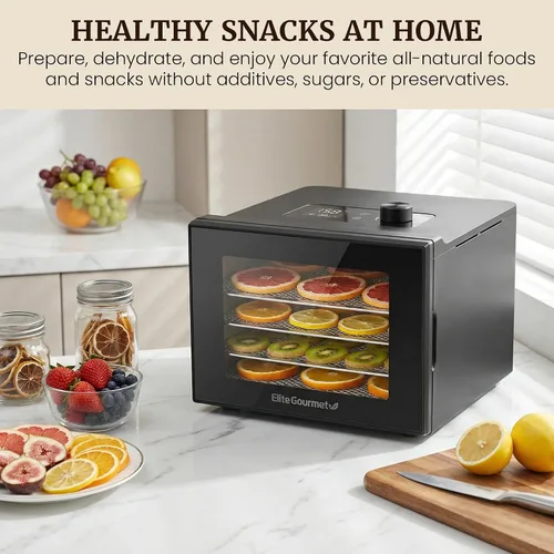 Vista 2 de Elite Gourmet - Deshidratador de alimentos, bandejas de acero inoxidable, controles de temperatura ajustables, aperitivos de jerky, hierbas, frutas