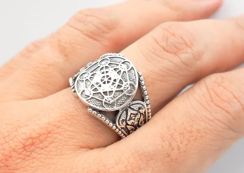 Vista 7 de Anillo Metatron Cube Geometría Sagrada de Plata de Ley 925 para hombre